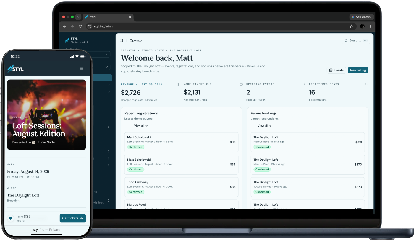 STYL platform dashboard shown on laptop and mobile